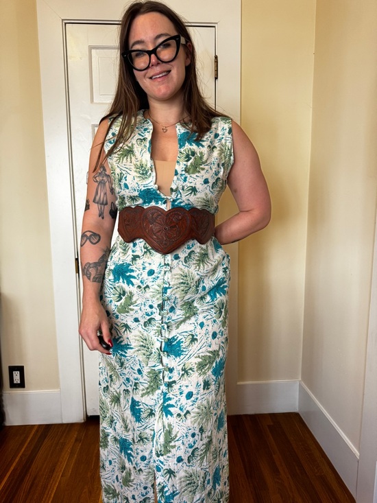 Vintage Dresses & Skirts - 60s Vintage Tropical Print Linen Column Dress Sz S